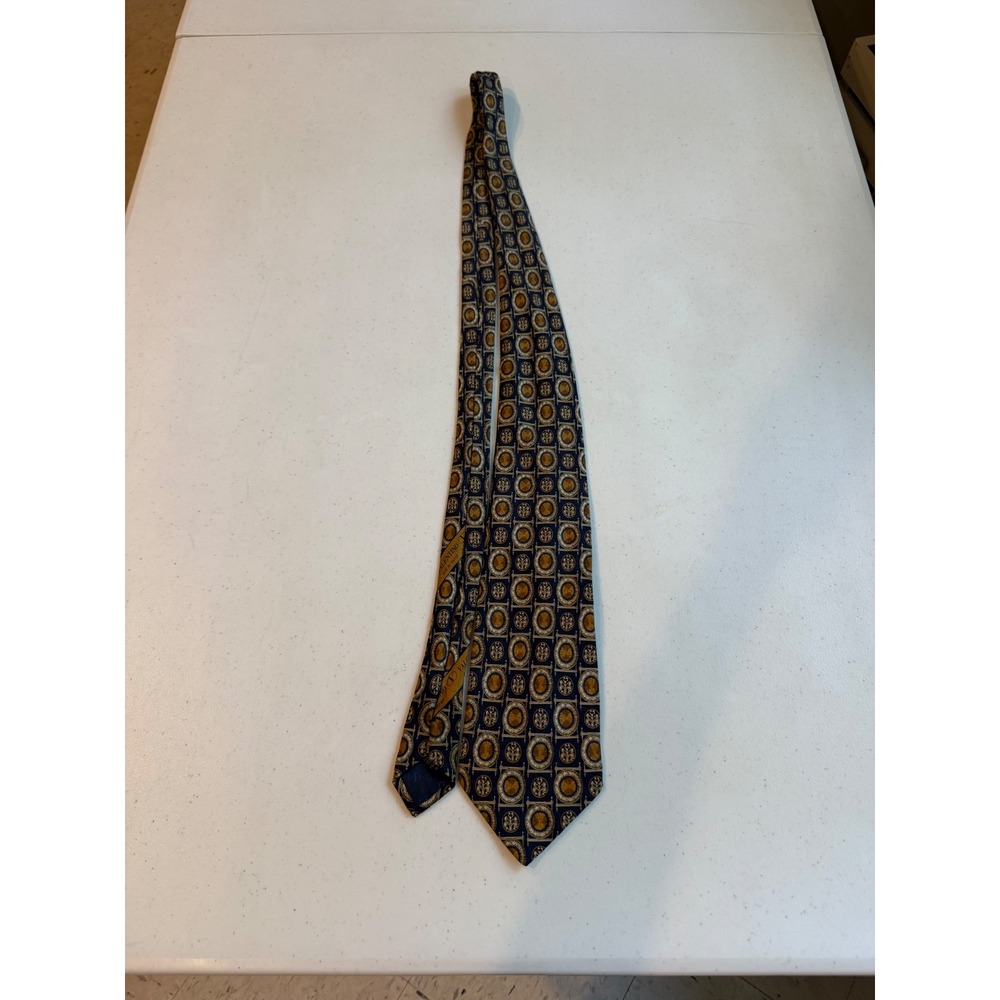 Vintage Valentino Cravatte 100% Silk Tie Italy Navy Blue Gold Geometric 57"